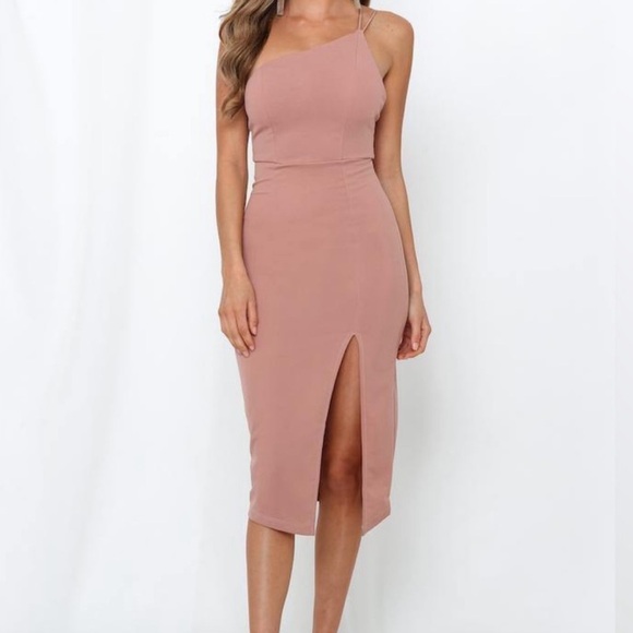 Hello Molly “Taking it Back” Blush One Shoulder Midi Bodycon Dress - Picture 1 of 6